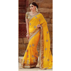 Luxurious Yellow Colored Embroidered Tussar Silk Saree